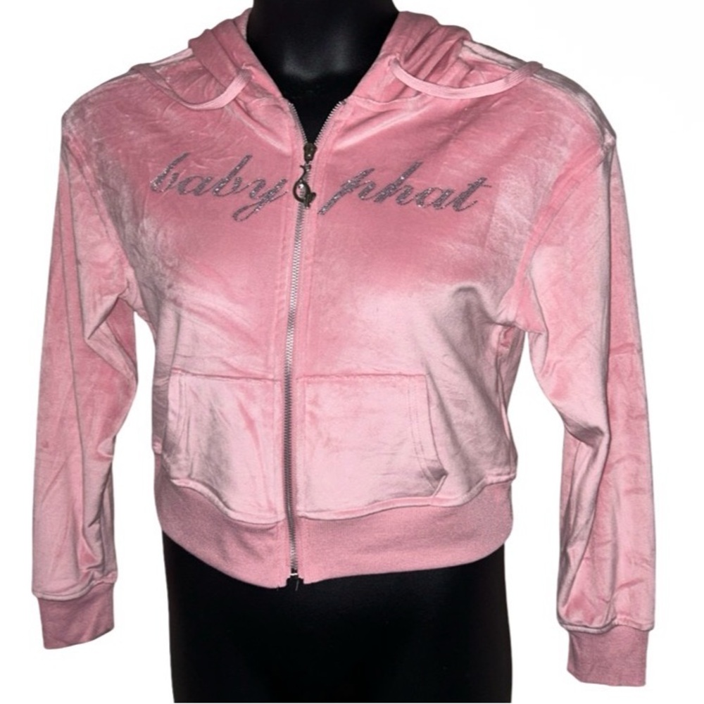 BABY PHAT  PINK SOFT OG BLING RHINESTONE LOGO VELOUR  ZIP UP CROPPED HOODIE NWT